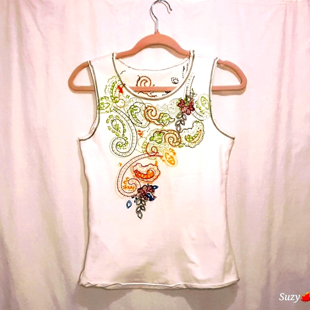Fitted White Tank, Colourful Beaded Embroidery